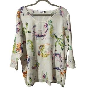 Sun Bay Women's Blouse Sea Life Beach Print Resort Travel sz XL White Multicolor